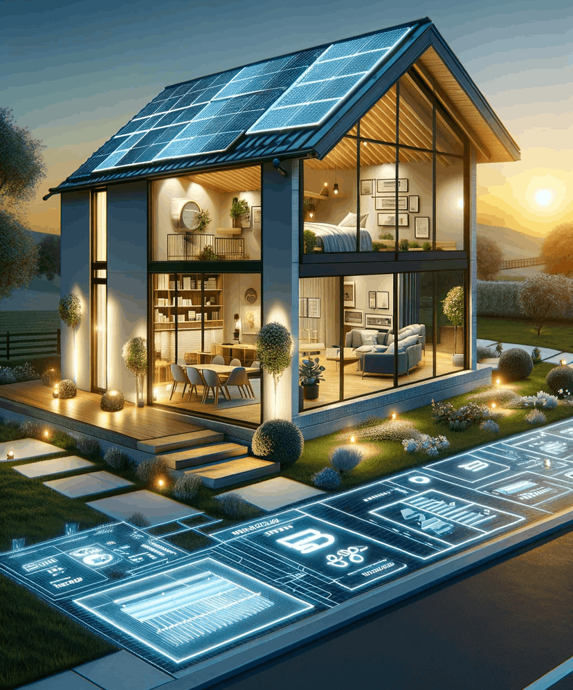 Moderne, energiezuinige woning bij dageraad met geavanceerde zonnepanelen en isolatie, omgeven door een tuin met LED-padverlichting, zonder tekst