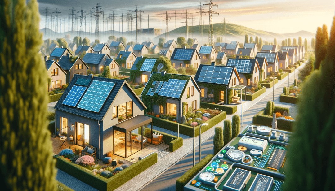 Moderne, energiezuinige huizen met zonnepanelen en geavanceerde isolatie in een gemeenschap, die de mogelijkheid illustreren om overtollige energie terug te verkopen aan het net